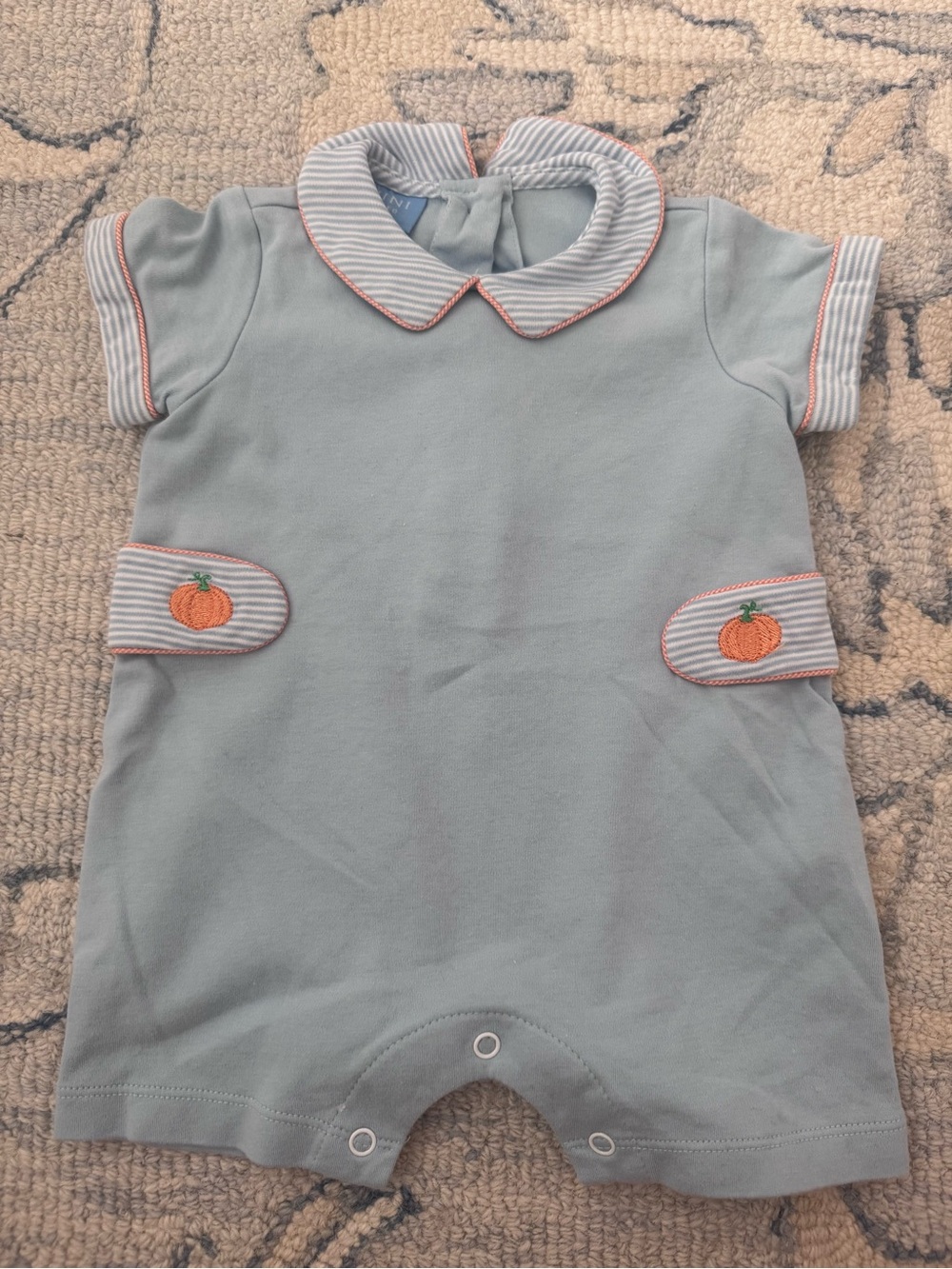 Anavini Blue Baby One-Piece with Pumpkin Accent. Size 9m
